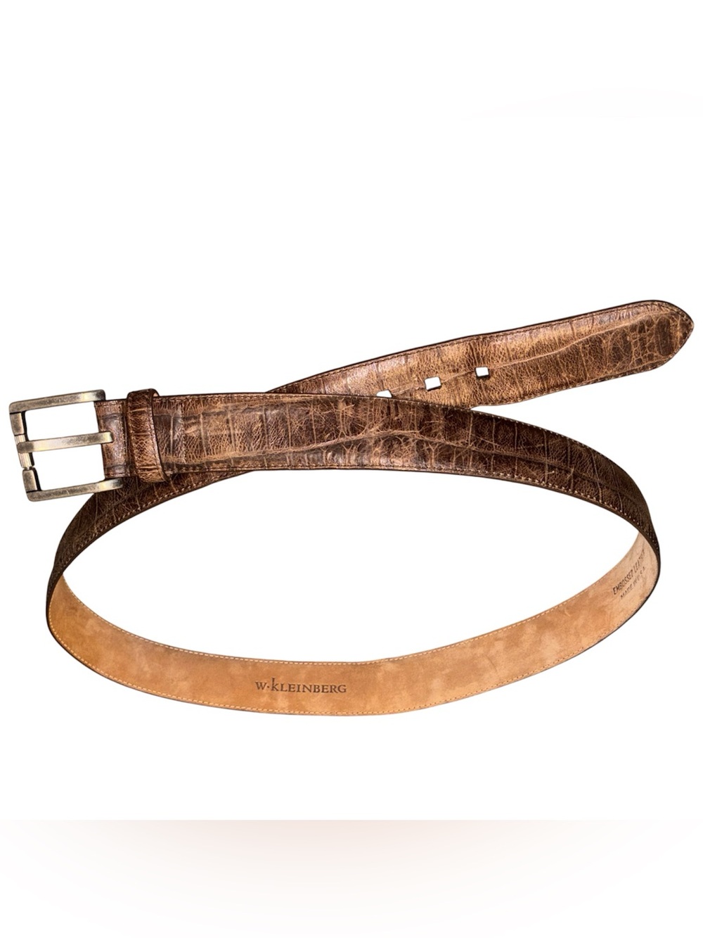 W. Kleinberg Men's Embossed Brown Leather Belt with BrushedNickel Buckle Size 42